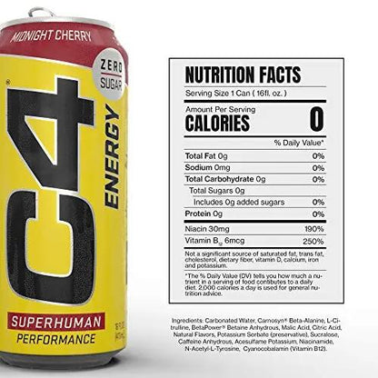 C4 Energy Carbonated Zero Sugar Energy Drink, Pre Workout Drink + Beta Alanine, Midnight Cherry, 16 Fl Oz (Pack of 24)