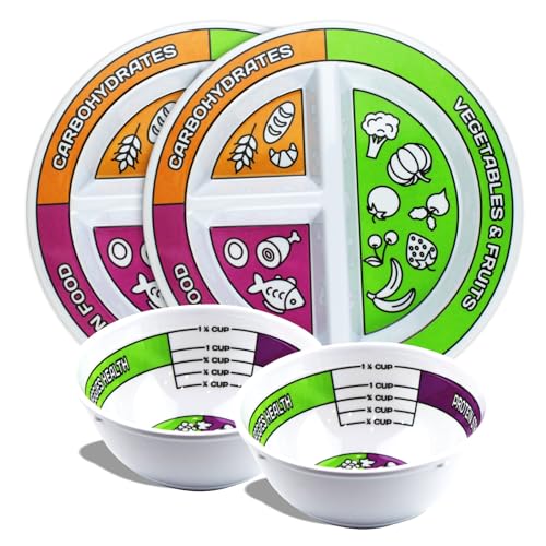 Portion Control Bariatric Plates and Bowls Set of 2 (4pcs Total) - Self-Measuring Plates