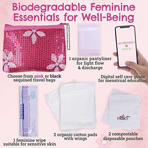 First Period Kit To-go! - Organic Biodegradable Tween Pads & Liner - Period Bags for Teen Girls Be Prepared. Period.