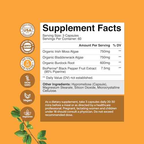 Organic Irish SeaMoss Capsules - Sea Moss and Bladderwrack Capsules with Burdock Natures Craft