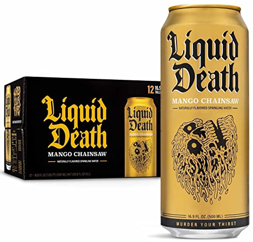 Liquid Death Flavored Sparkling Water with Agave, Mango Chainsaw, 16.9 oz Tallboys Liquid Death