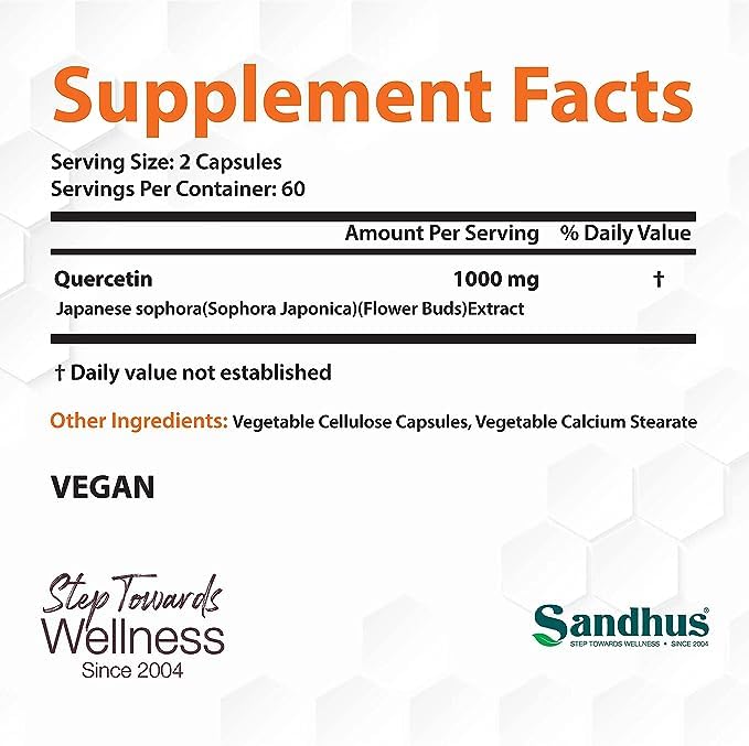 Sandhu's Quercetin 1000mg Per Serving 120 Count(Pack of 2) Vegetarian Capsules Sandhu's