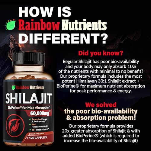 Pure Himalayan Shilajit Capsules Supplement (60,000mg+ Absorption Enhancer+50% Rainbow Nutrients, LLC