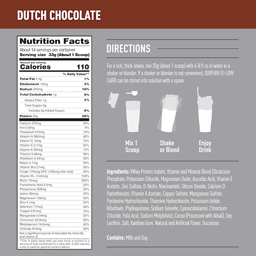 Isopure Dutch Chocolate Whey Isolate Protein Powder with Vitamin C & Zinc for Immune Isopure