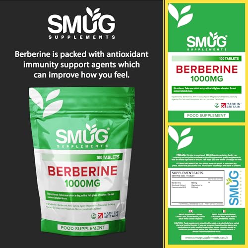 SMUG Supplements Berberine Tablets - 100 High Strength 1000mg Pills - Can Promote SMUG Supplements