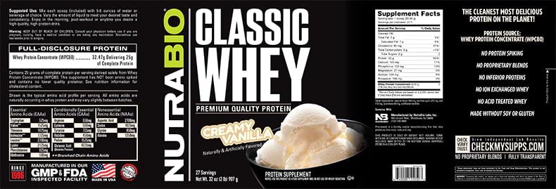 NutraBio Classic Whey Protein Powder- 25G of Protein Per Scoop - Full-Spectrum Amino NutraBio