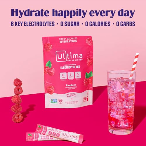 Ultima Replenisher Daily Electrolyte Drink Mix – Raspberry, 20 Stickpacks – Hydration Ultima Replenisher