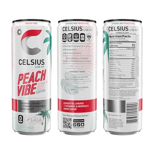 CELSIUS Sparkling Peach Vibe, Functional Essential Energy Drink 12 Fl Oz (Pack of 12) CELSIUS