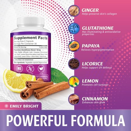 Glutathione Capsules - 1,500mcg Glutathione Supplement - Skin Tone Enhancer - Targets Emily Bright INC