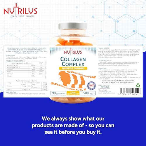 Collagen Complex 90 Natural Pineapple Gummies 500mg - Large Pack - with Biotin & Selenium Nutrilus
