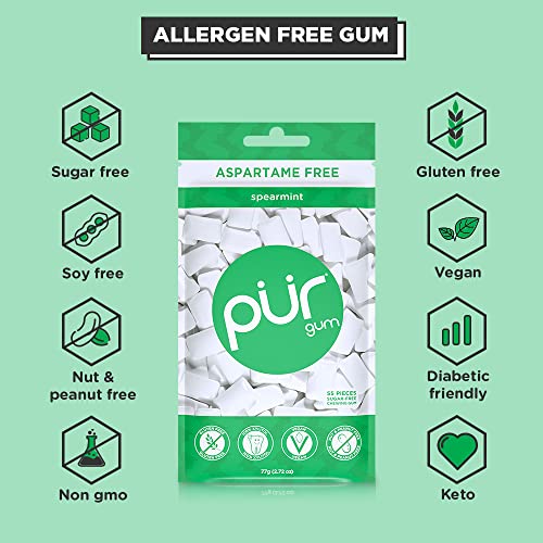 PUR Gum | Aspartame Free Chewing Gum | 100% Xylitol | Natural Spearmint Flavored Gum PUR
