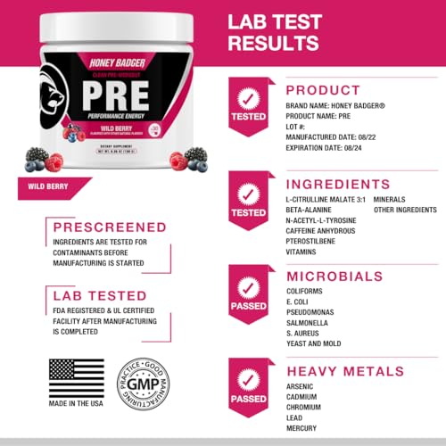 Honey Badger Pre Workout Powder, Keto Vegan Preworkout for Men & Women with Vitamin C