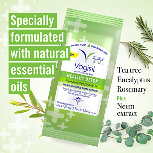 Vagisil Wipes for All Over Cleaning, Health Detox, Formulated with Essential Oils, 20 Wipes Vagisil