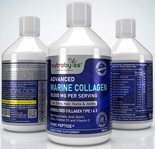 Marine Collagen Liquid 10000mg Sugar Free, Hydrolysed Peptides | Hyaluronic Acid, Biotin, Silica, Vitamin C, Vitamin D3 NUTRABYTES