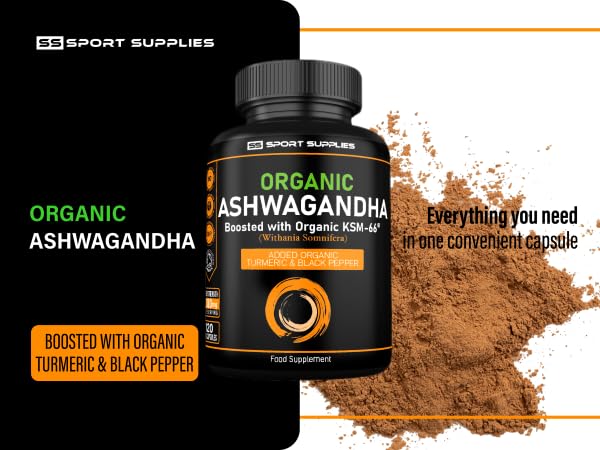 Organic Ashwagandha Capsules 1200mg Boosted with 100mg of Organic KSM-66 SS Sport Supplies