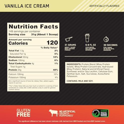 Optimum Nutrition Gold Standard 100% Whey Protein Powder, Vanilla Ice Cream, 10 Pound Optimum Nutrition
