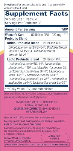 Renew Life Women's Probiotic Capsules, 50 Billion CFU Guaranteed, Supports Vaginal, Urinary Renew Life