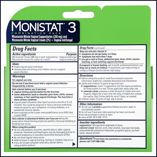 Monistat 3 Day Yeast Infection Treatment for Women, 3 Miconazole Suppository Inserts & External Monistat