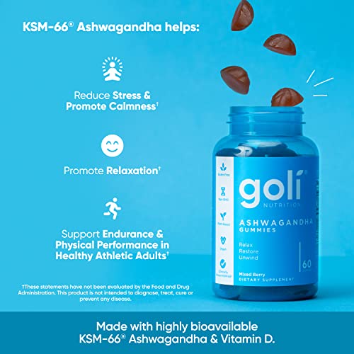Goli Ashwagandha & Vitamin D Gummy - 60 Count - Mixed Berry, KSM-66, Vegan Goli
