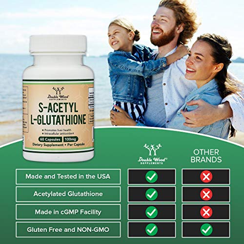 S-Acetyl L-Glutathione Capsules - 100mg, Manufactured and Tested in The USA, 60 Count Double Wood Supplements