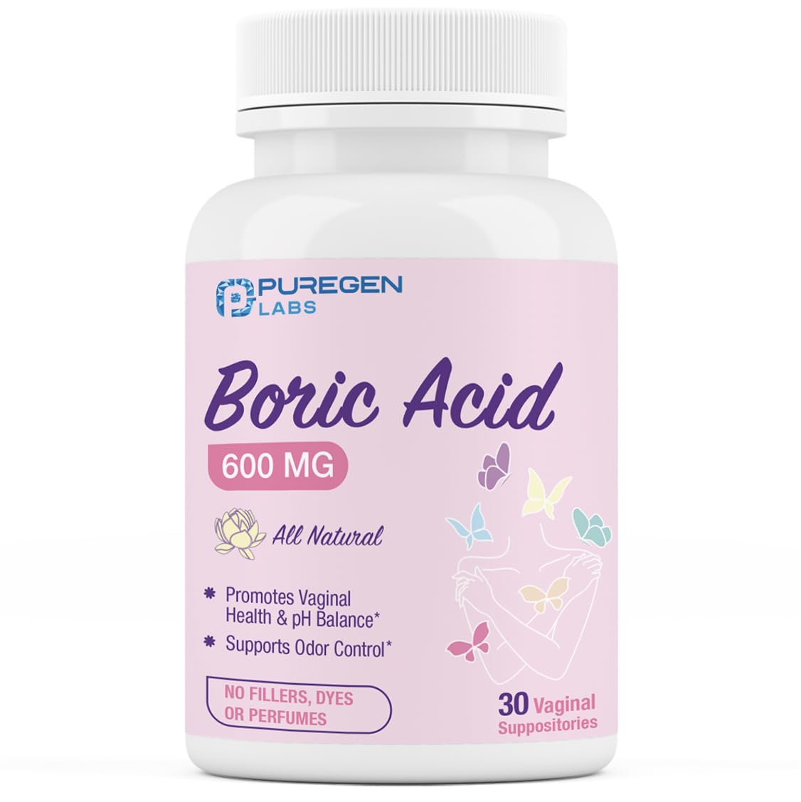 Puregen Labs Boric Acid 600 mg Vaginal Suppositories - 100% Pure | All Natural Without Dyes or Fillers