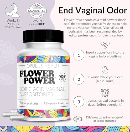 Flower Power Vegan Boric Acid Suppositories - 30 Capsules - 600mg for Vaginal Odor and pH Balance Flower Power