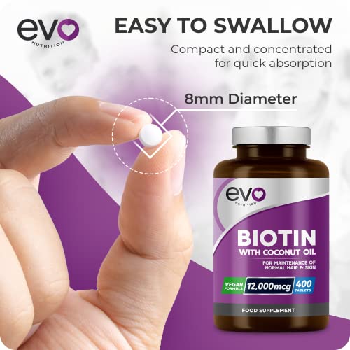 Biotin Hair Growth Supplement 12,000mcg with Coconut Oil | 400 High Strength Tablets EVO NUTRITION