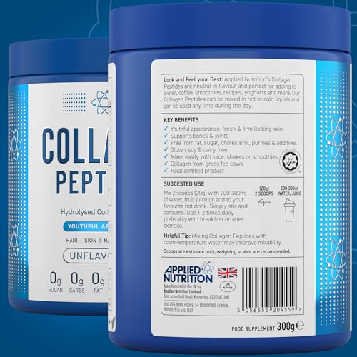 Applied Nutrition Collagen Peptides Powder - Hydrolysed Bovine Collagen Protein, Halal, Healthy Skin, Hair, Nails (Unflavoured) (300g - 15 Servings) Applied Nutrition