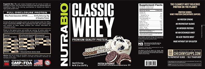 NutraBio Classic Whey Protein Powder- 25G of Protein Per Scoop - Ice Cream Cookie NutraBio