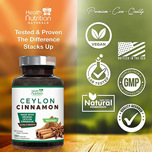 Pure Ceylon Cinnamon Capsules - Certified Organic Cinnamon Pills, Non-GMO, Dairy & Gluten Health Nutrition Naturals