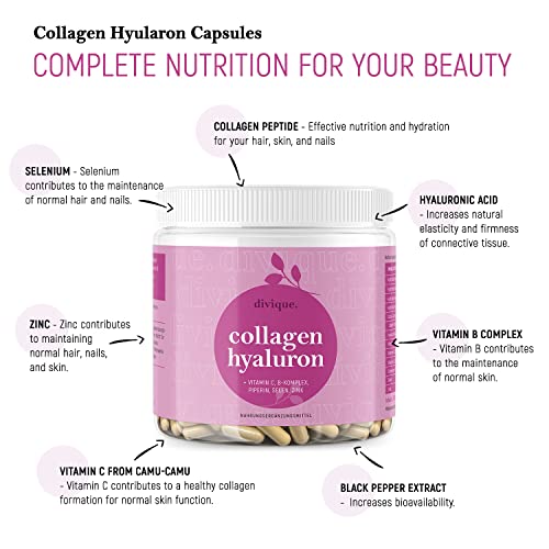 Collagen Capsules Divique Collagen Hyaluron 1500mg Collagen Peptides Type 1, 2, 3, 5, 10 Divique