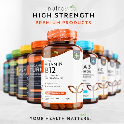 Vitamin B12 1000mcg - 365 High Strength Vegan Tablets (1 Year Supply) - Max Strength Nutravita