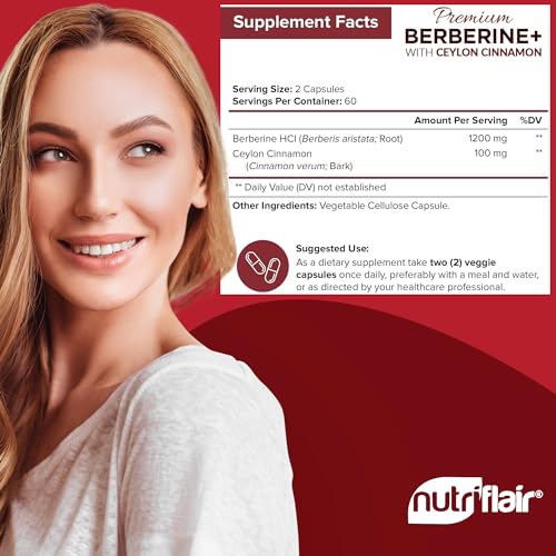 NutriFlair Premium Berberine HCL 1200mg, 120 Capsules - Plus Pure True Ceylon Cinnamon NutriFlair