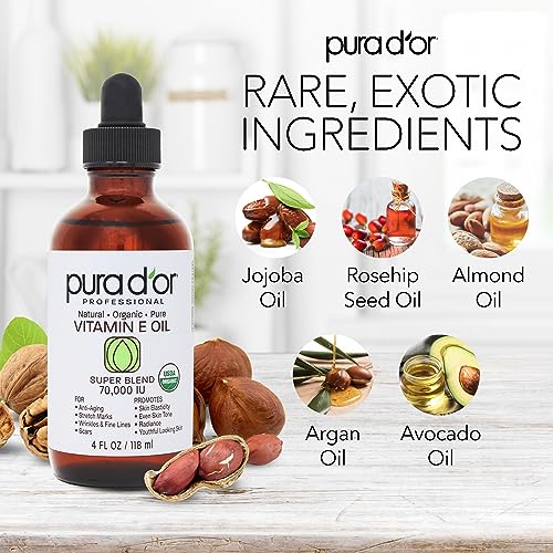 PURA D'OR 4 Oz ORGANIC Vitamin E Oil Blend 70,000 IU - 100% Natural Hexane Free, Sweet Almond PURA D'OR