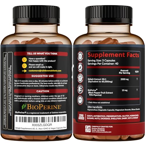 Pure Himalayan Shilajit Capsules Supplement (60,000mg+ Absorption Enhancer+50% Rainbow Nutrients, LLC