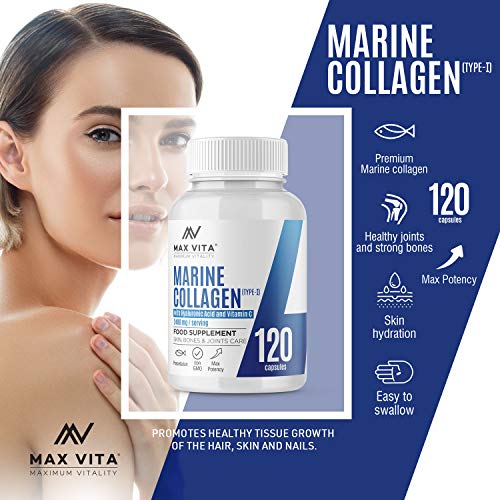 Marine Collagen Type 1 2400mg - 120 Capsules Supplement with Hyaluronic Acid and Vitamin C MAX VITA MAXIMUM VITALITY