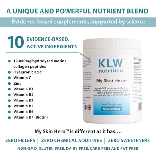 Marine Collagen Powder 10,000mg - with Vitamin C, Zinc, Biotin, Hyaluronic Acid - No fillers, sweeteners or additives KLW Nutrition