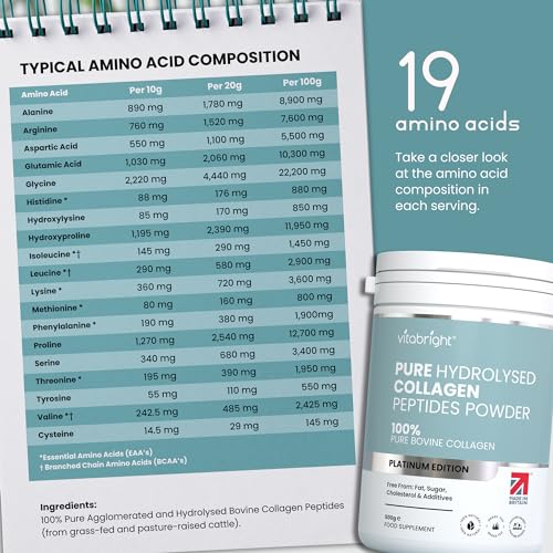 Bovine Collagen Peptides Powder 500g - 50 Servings - 100% Pure, Hydrolysed, Type 1 & 3-19 Amino Acids VitaBright