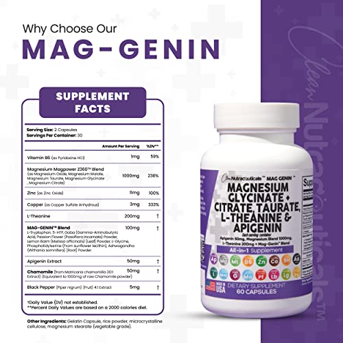 Magnesium Glycinate Complex 1000mg with L-Theanine 200mg Apigenin 50mg Citrate Taurate Supplement - 5-HTP GABA Passion Flower Lemon Balm L-Glycine Phosphatidylserine Ashwagandha - USA Made Clean Nutra