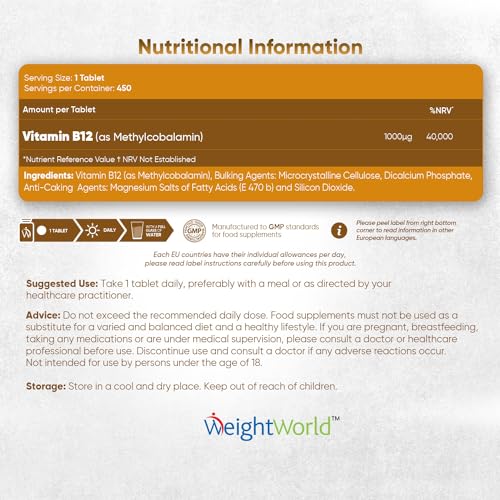 Vitamin B12 Tablets High Strength – 1000mcg Vegan B12 Supplement – 450 Pure Methylcob WeightWorld