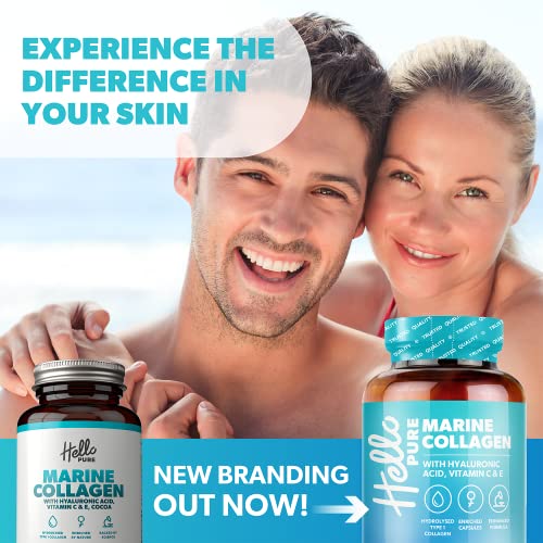 Marine Collagen Capsules - 1855mg - 120 Capsules - Enriched with Hyaluronic Acid & Vitamins C & E Hello Pure