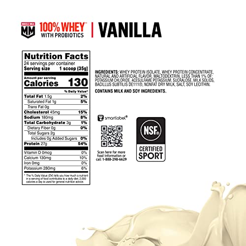Muscle Milk 100% Whey With Probiotics Protein Powder, Vanilla, 1.85 Pound, 23 Servings Muscle Milk