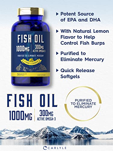 Fish Oil 1000mg | 300mg Omega 3 | 250 Count | Non-GMO and Gluten Free Supplement Carlyle