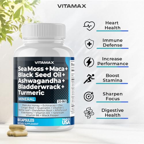 Sea Moss 3000mg Maca 1000mg Black Seed Oil 2000mg Ashwagandha 1000mg Bladderw Vitamax