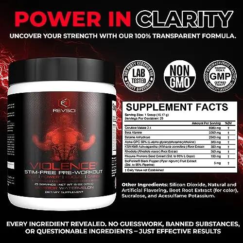 VIOLENCE Stim Free Pre Workout Powder by REVSCI, Precision Dosed Non Stim Preworkout Revolution Science