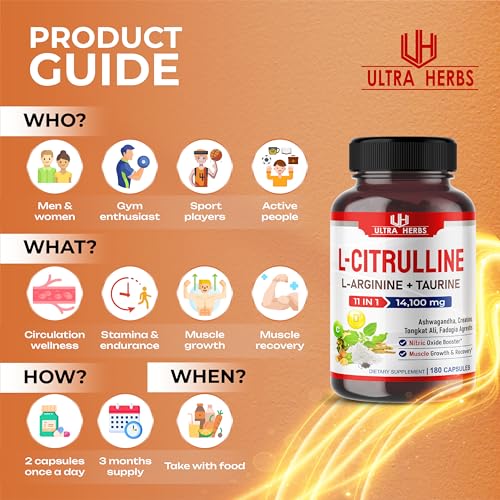 L-Citrulline 14,100 mg 11 in 1 with L-Arginine + Taurine, Ashwagandha, Creatine, Tongkat Ali ULTRA HERBS