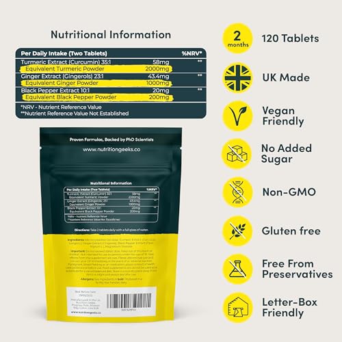 Nutrition Geeks Turmeric Tablets 2000 mg with Black Pepper & Ginger, High Strength Nutrition Geeks