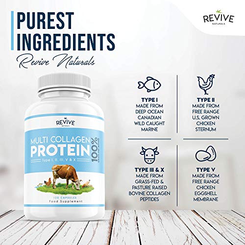 Multi Collagen Protein Capsules - Types I, II, III, V & X - Hydrolysed Grass Fed Bovine, Wild Caught Marine Revive Naturals