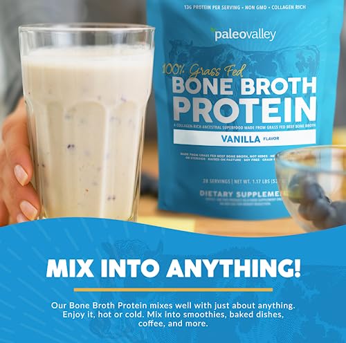 Paleovalley 100% Grass Fed Bone Broth Protein Powder - Vanilla - Rich in Collagen for Hair Paleovalley