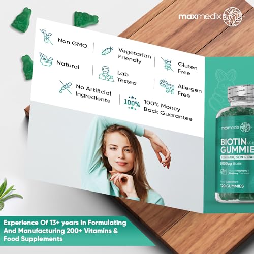 Biotin Gummies 5000mcg - with Vitamin A, B, C, D, E & Selenium – 120 Hair Nails and Skin maxmedix